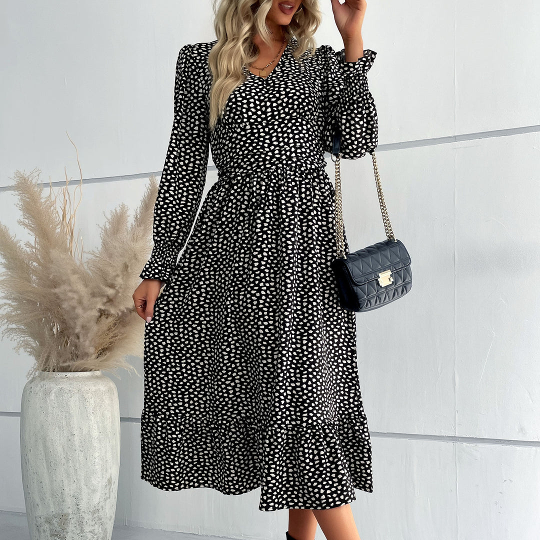 Damen Midikleid mit V-Ausschnitt, geraffter Taille und langen Smokärmeln Shop Nory
