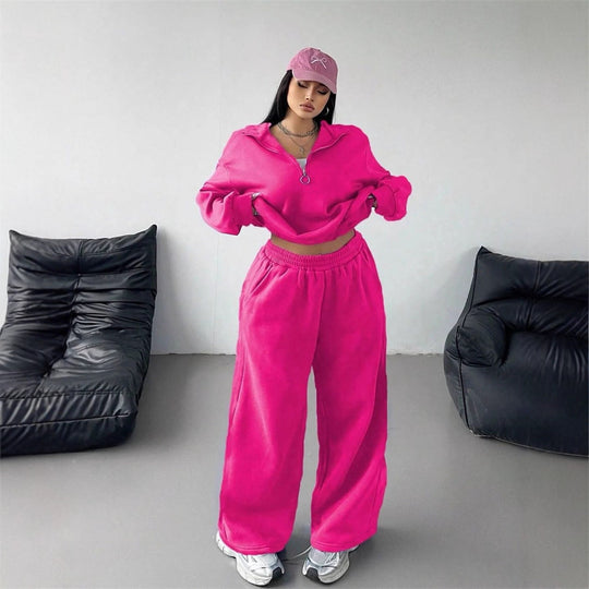 Damen Samt-Cropped-Ziphoodie und weit geschnittene High-Waist Palazzo-Jogginghose Shop Nory