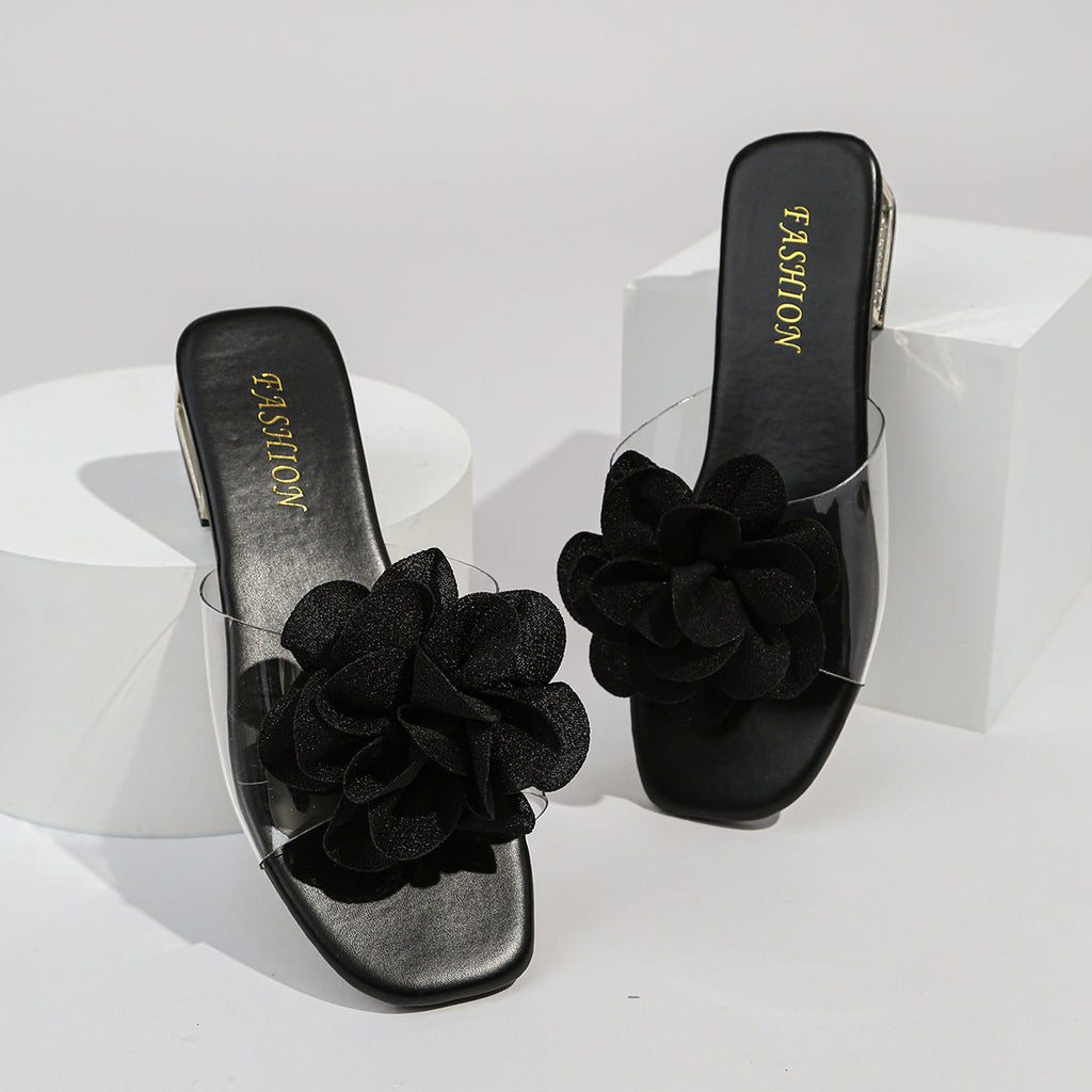 Damen Slides mit floralen Applikationen und funkelndem Blockabsatz