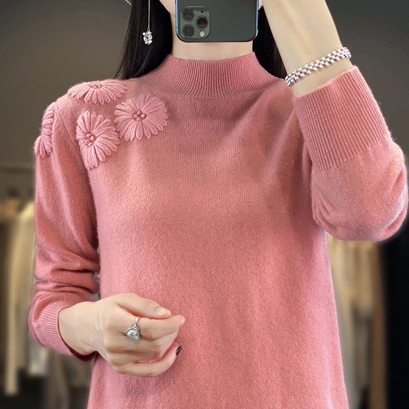 Damen Weicher Feinstrickpullover mit kurzem Stehkragen, 3D‑Blütenapplikation und gerippten Bündchen Shop Nory