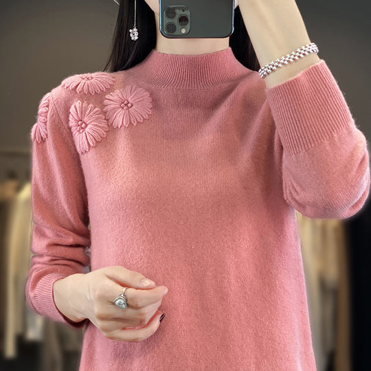 Damen Weicher Feinstrickpullover mit kurzem Stehkragen, 3D‑Blütenapplikation und gerippten Bündchen Shop Nory