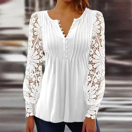Damen Floral Viskosemischung Bluse mit Häkelärmel und V-Ausschnitt Shop Nory