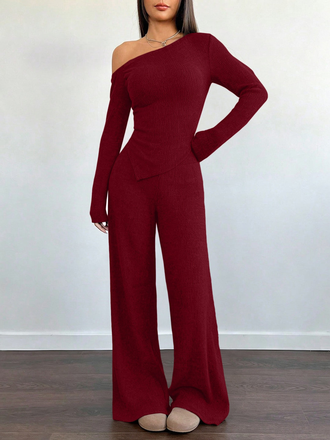 Damen Asymmetrisches Strick-Lounge-Set mit One-Shoulder-Oberteil und weitem Bein Shop Nory