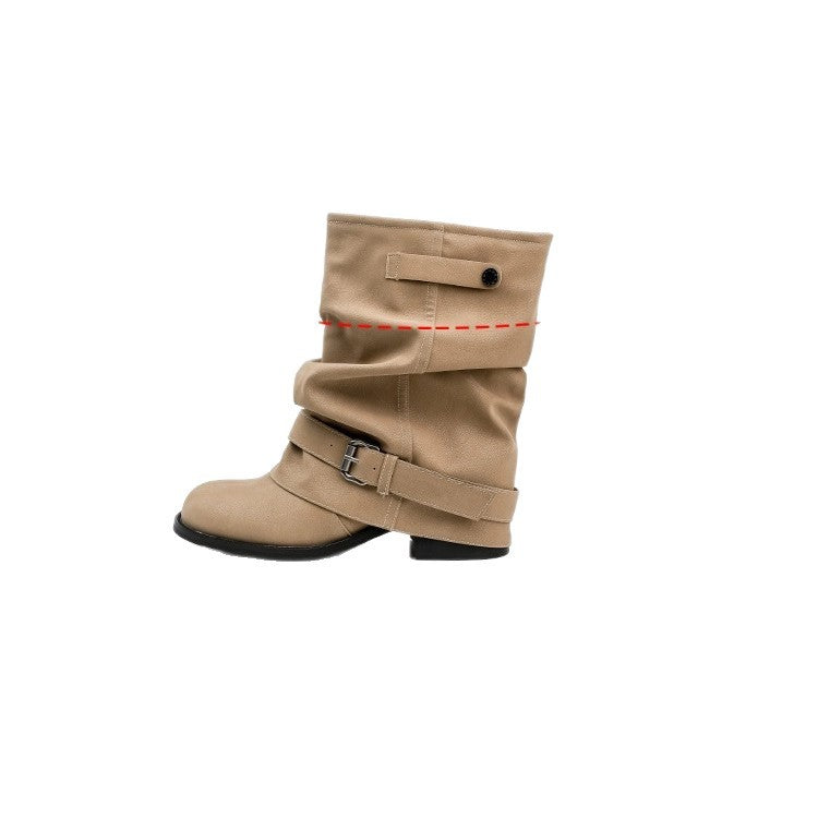 Damen Modische Stiefeletten mit lässigem Falten-Design und eleganter Schnallenverzierung Shopnory