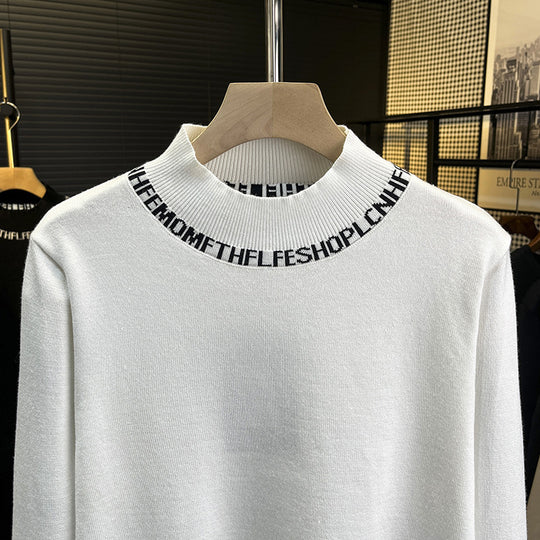 Unisex Feinstrickpullover mit kurzem Stehkragen und kontrastierendem Schriftkragen Shop Nory