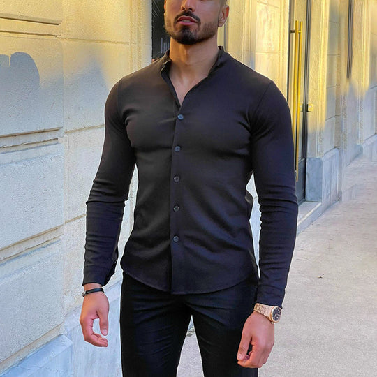 Herren Slim-Fit Langarmhemd mit Stehkragen und elastischem Jersey Shop Nory