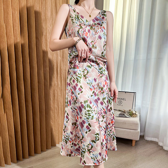 Damen Satin-Midirock mit abstraktem Aquarell-Blumenprint und hohem Bund Shop Nory