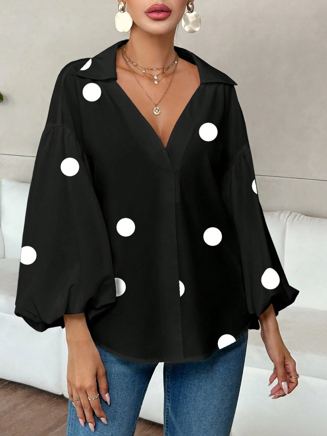 Damen Oversize-Bluse mit voluminösen Puffärmeln und Punktmuster Shop Nory
