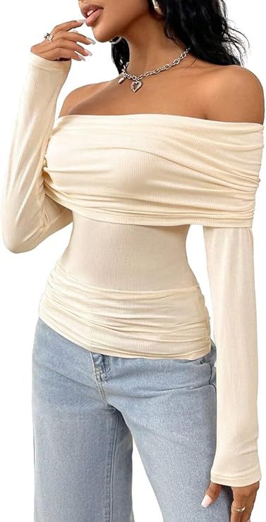 Damen Schulterfreies Ripp-Longsleeve mit weitem Umschlagkragen und taillierter Silhouette Shop Nory