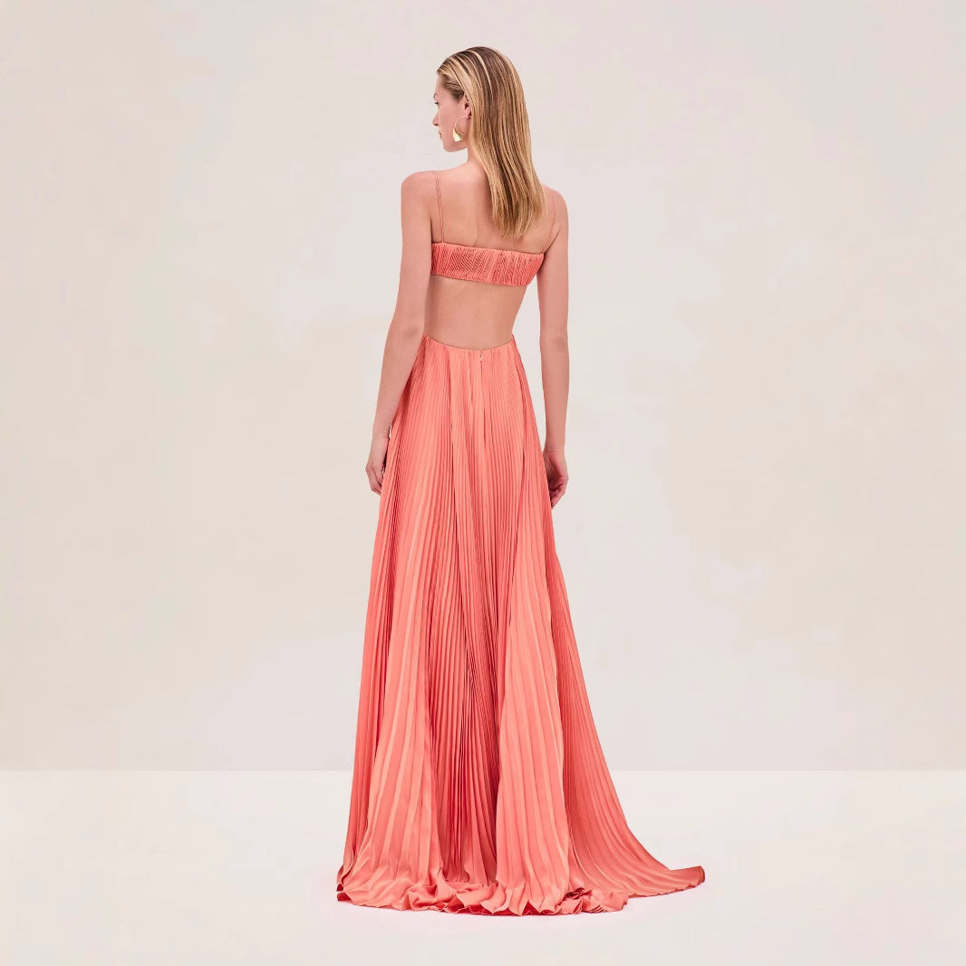 Damen Maxi-Kleid mit eleganter Plisseedetails und schmalen Spaghettiträgern