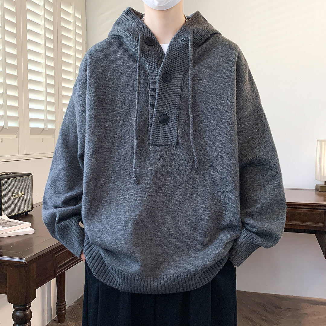 Unisex Oversize Strick-Hoodie mit Halbknopfblende und Rippbündchen Shop Nory