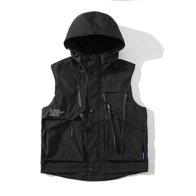 Herren funktionale Outdoor-Weste mit verstellbarem Kapuzendesign und vielseitigen Taschen Shopnory