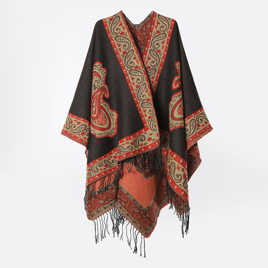Damen Weicher Paisley-Jacquard Ruana-Überwurf mit V‑Ausschnitt und Fransen Shop Nory