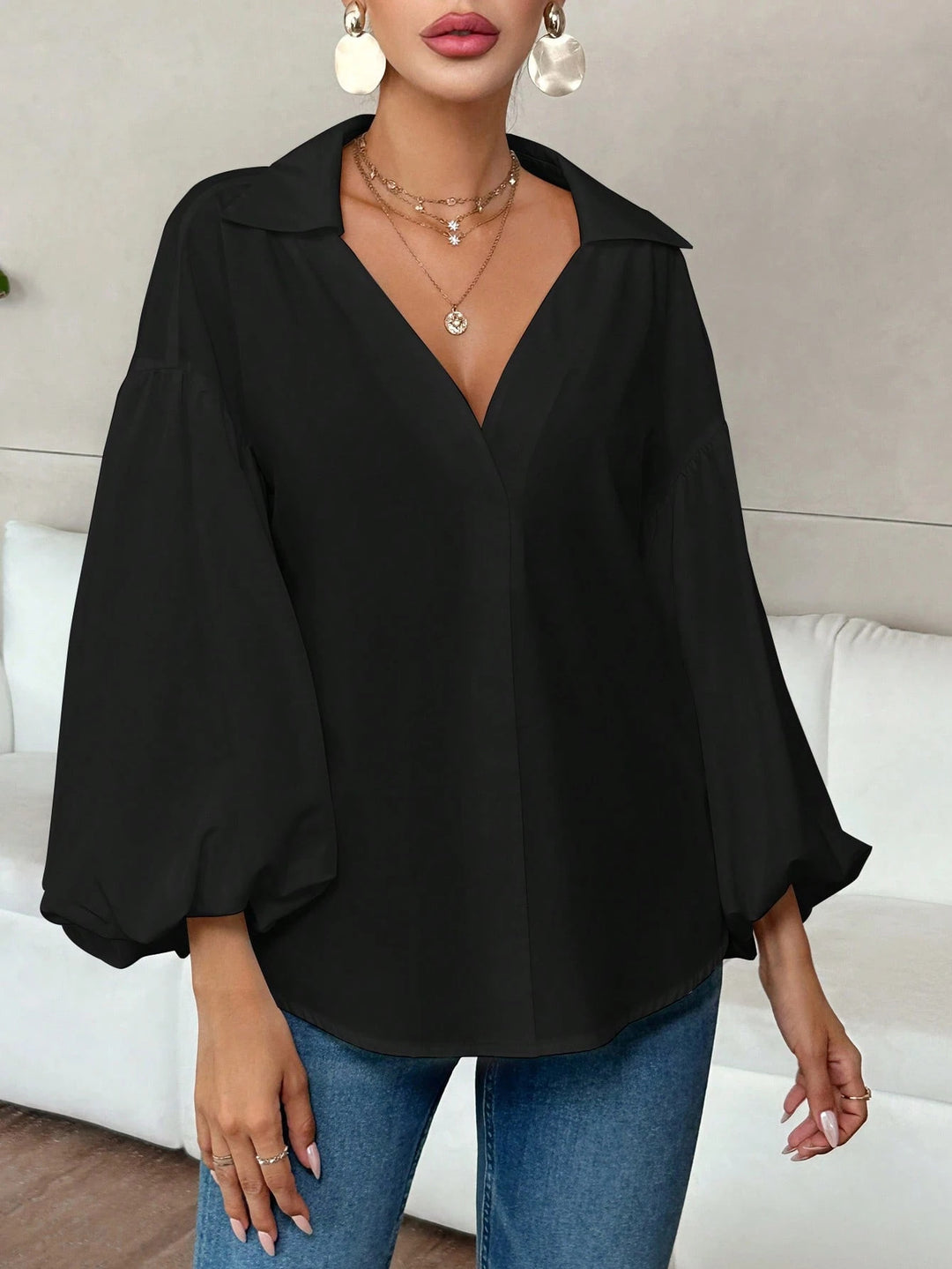 Damen Oversize-Bluse mit voluminösen Puffärmeln und Punktmuster Shop Nory