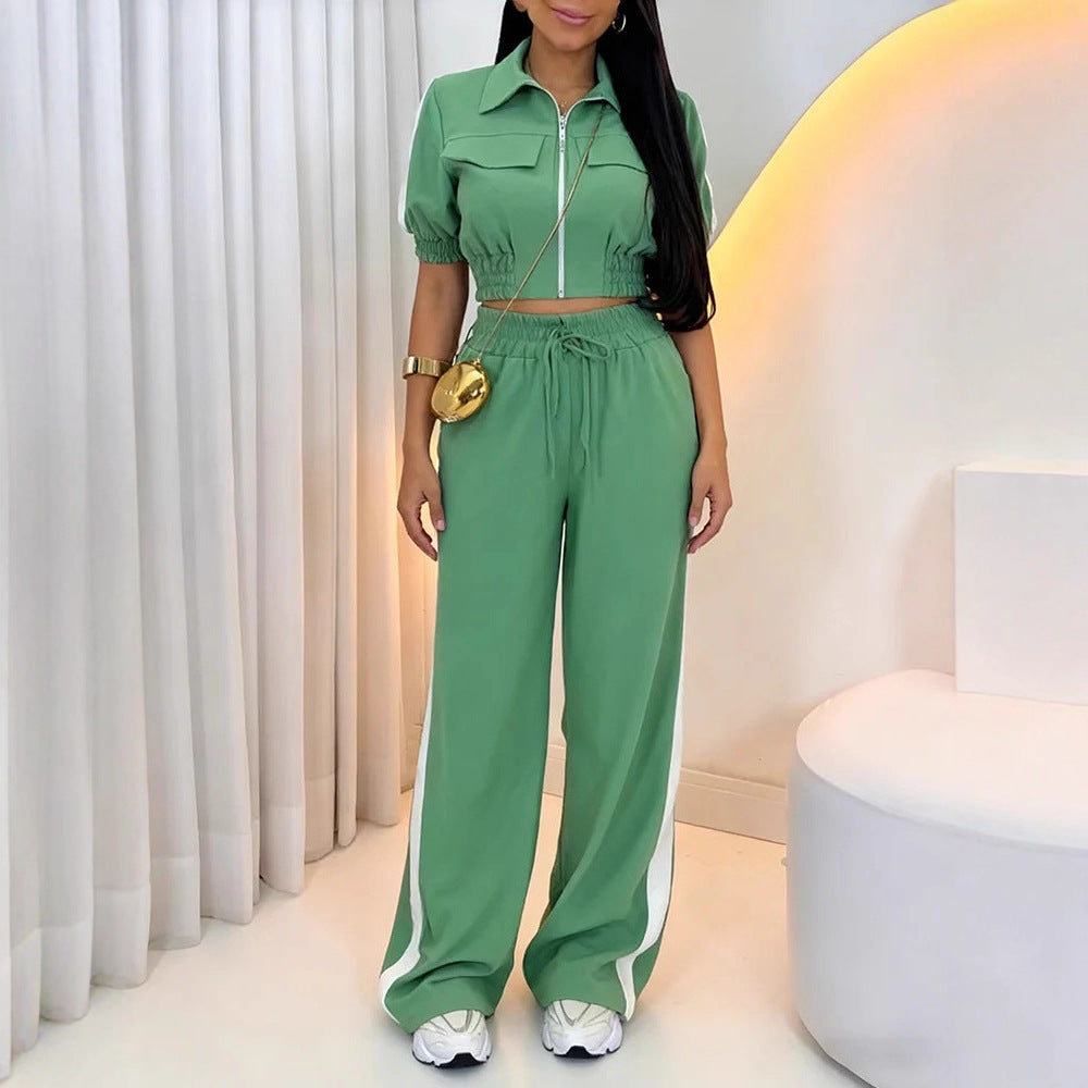 Damen Lässiger Zweiteiler-Jumpsuit mit Reißverschluss, kurzem Arm und weitem Palazzohosenbein Shop Nory