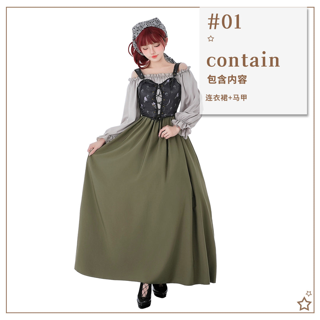 Damen nan Renaissance-inspiriertes Maxikleid mit Schnürkorsett und Carmenärmeln Shop Nory