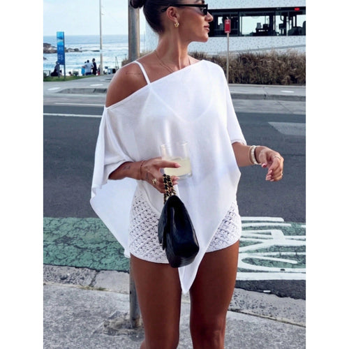 Damen Asymmetrisches Off-Shoulder Poncho-Top aus leichtem Strick Shop Nory