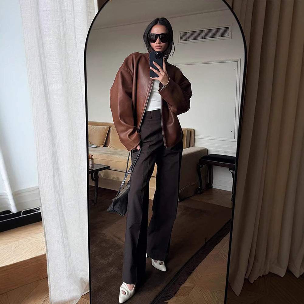 Damen Oversized Lederblouson mit soften Teddy-Innenfutter und Verdeckt-Reißverschluss Shop Nory
