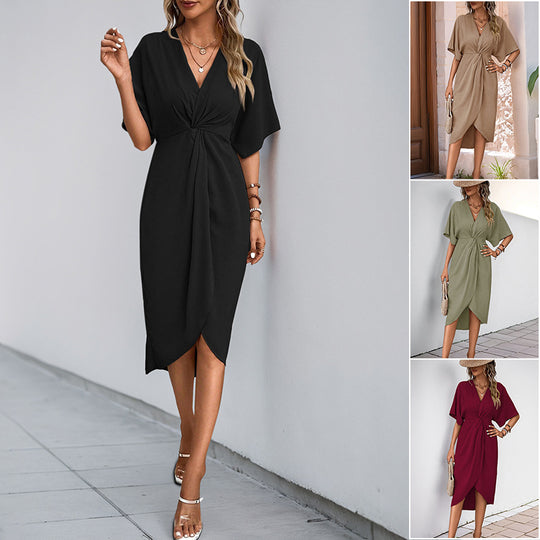 Damen Wickel-Midikleid mit Knotendetail, V-Ausschnitt und überschnittenen Ärmeln Shop Nory