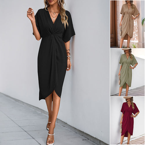 Damen Wickel-Midikleid mit Knotendetail, V-Ausschnitt und überschnittenen Ärmeln Shop Nory