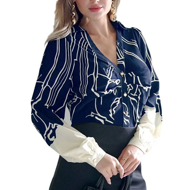 Damen V-Ausschnitt-Bluse mit abstraktem Grafikprint, Ballonärmeln und kontrastierenden Manschetten Shop Nory