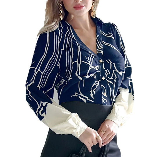 Damen V-Ausschnitt-Bluse mit abstraktem Grafikprint, Ballonärmeln und kontrastierenden Manschetten Shop Nory