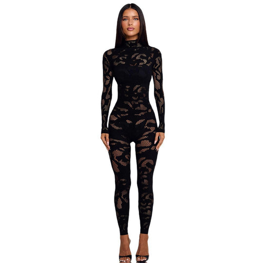Damen Figurnahes Netz-Jumpsuit mit langem Arm und hohem Kragen