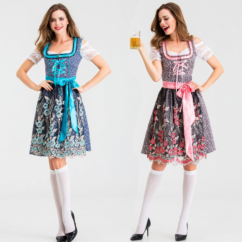 Damen nan traditionelles Kurzdirndl mit Spitzenärmeln, Schnürung und floraler Schürze Shop Nory