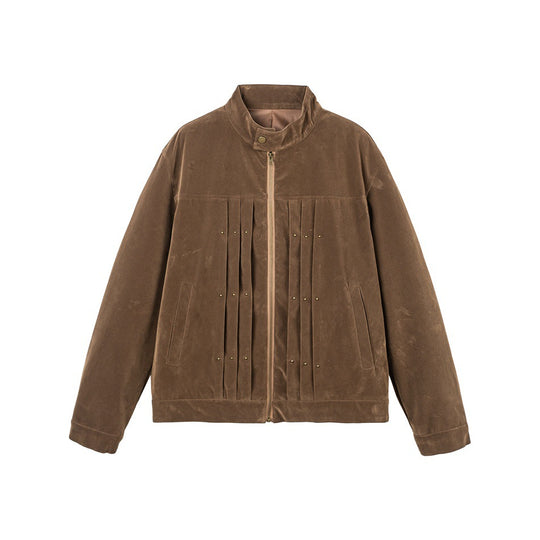 Herren Veloursleder-Optik Blousonjacke mit Faltenpasse und Nieten-Detail Shop Nory