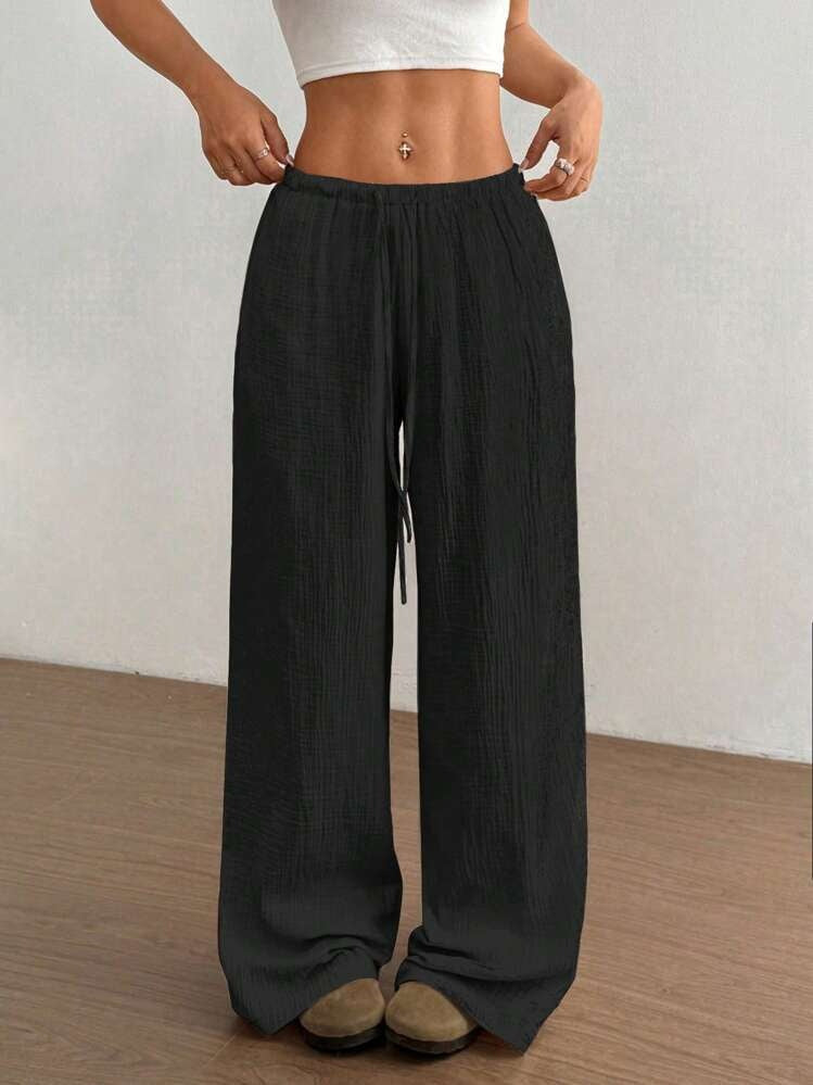 Damen weite Leinenoptik-Loungehose mit hohem Gummibund, Kordelzug & Crinkle-Struktur Shop Nory