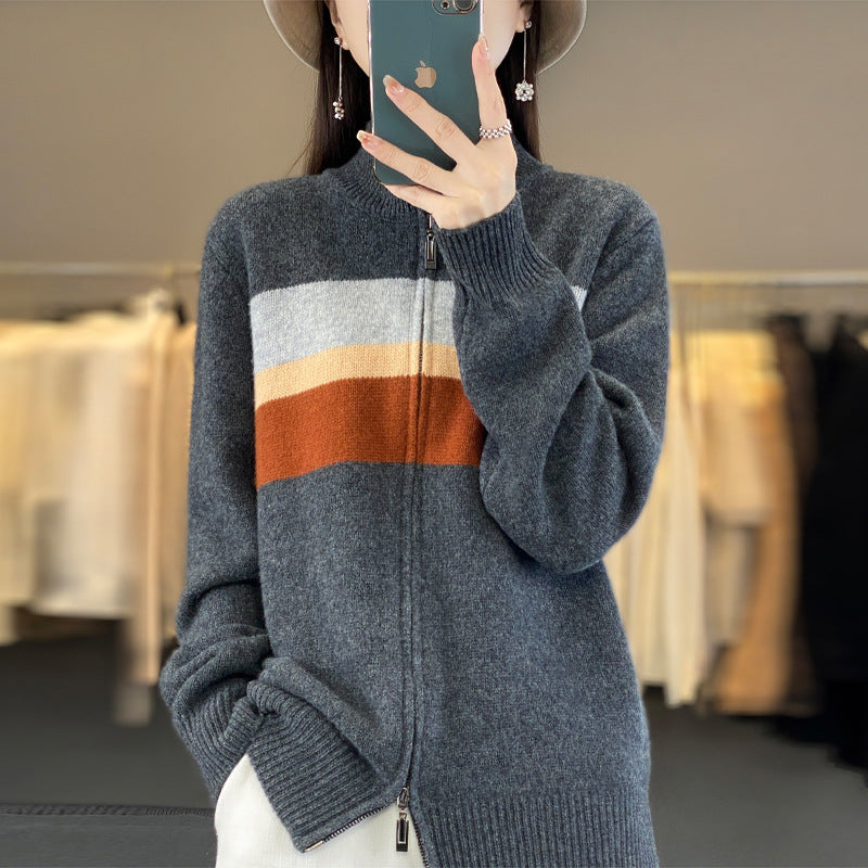 Damen Reißverschluss-Strickcardigan aus weichem Wollmix mit Blockstreifen und geripptem Saum Shop Nory