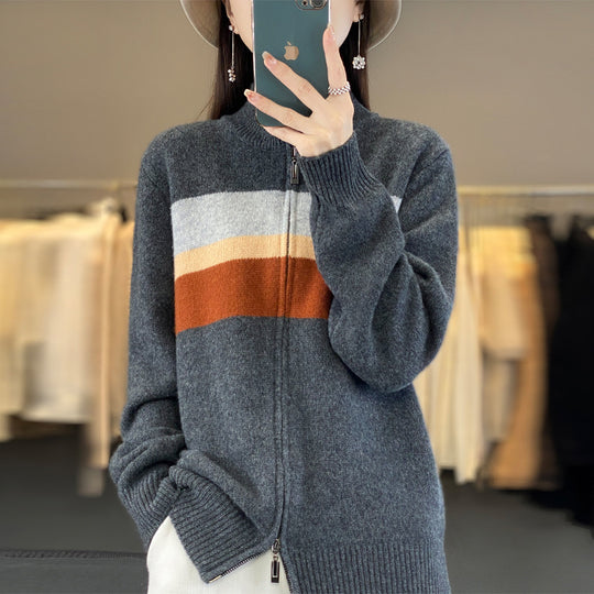Damen Reißverschluss-Strickcardigan aus weichem Wollmix mit Blockstreifen und geripptem Saum Shop Nory