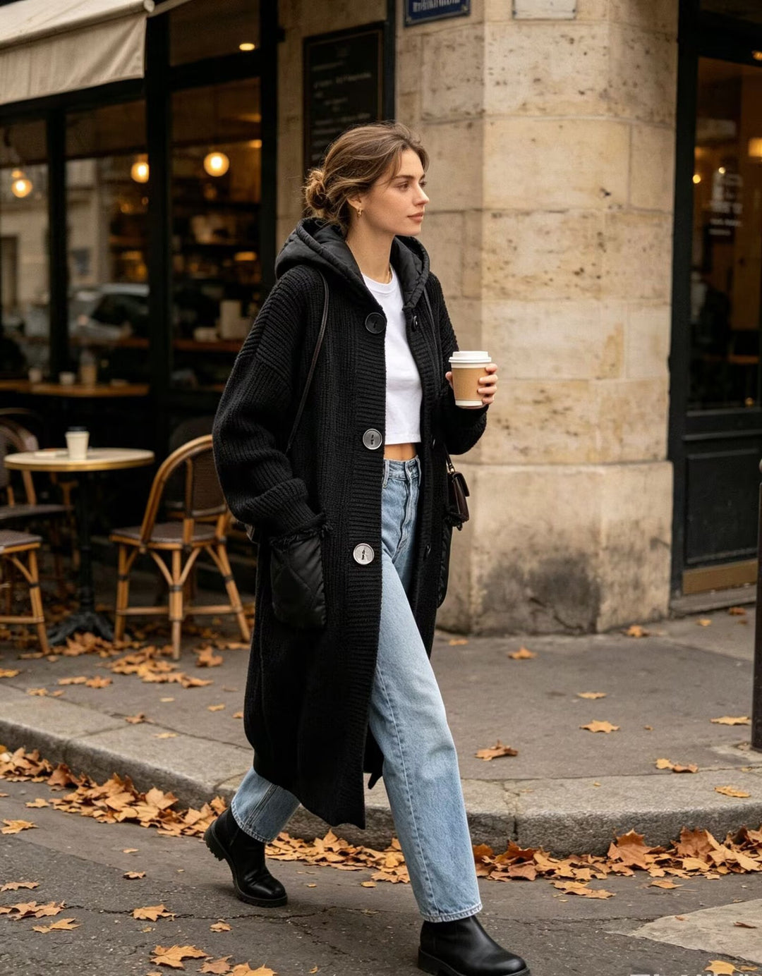 Damen Langer Oversize-Strickmantel mit gesteppter Kapuze und aufgesetzten Stepp-Taschen Shop Nory