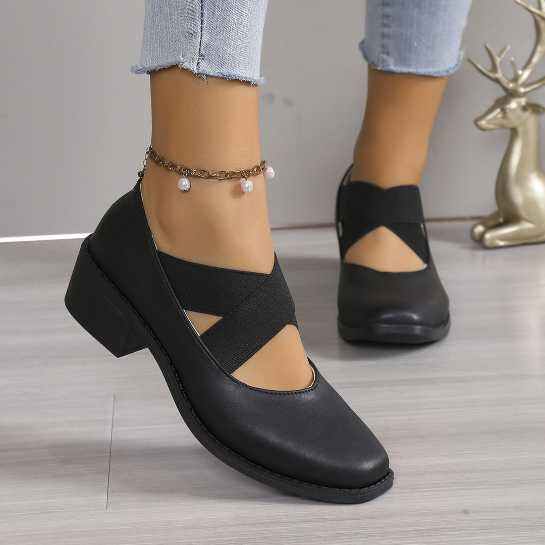 Damen Slipper-Pumps mit kreuzenden Elastikriemen und Blockabsatz Shop Nory