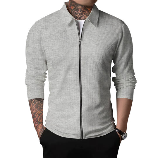 Herren nan schlanke Struktur-Zipjacke mit Hemdkragen, verdecktem Reißverschluss und feiner Waffelstruktur Shop Nory