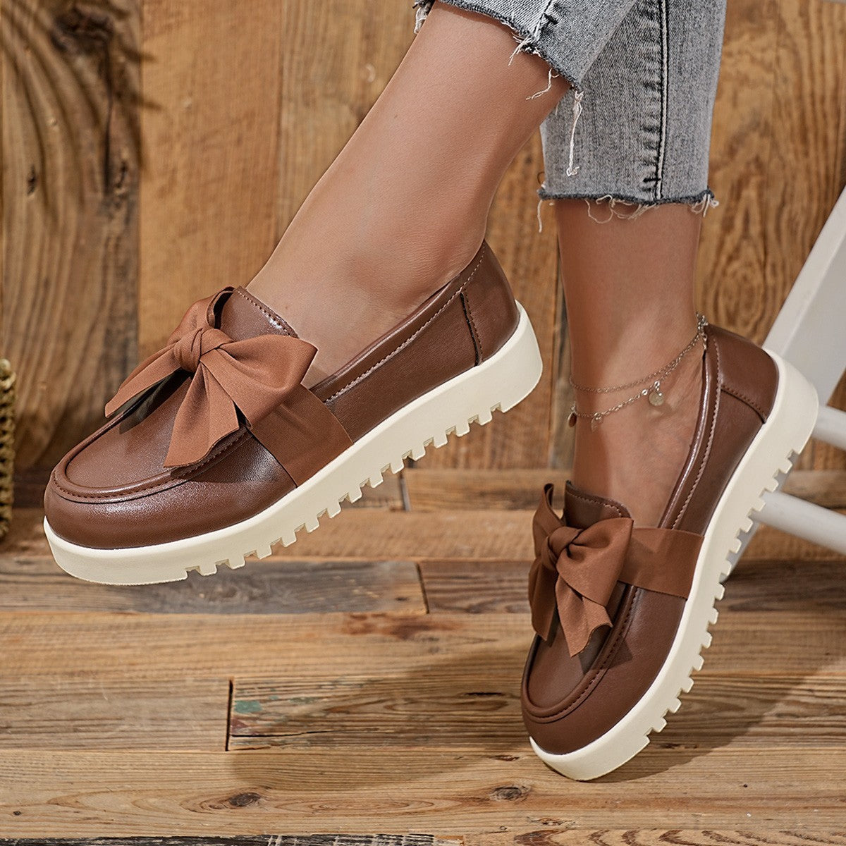 Damen Loafers mit dekorativem Schleifen-Design und rutschfester Sohle