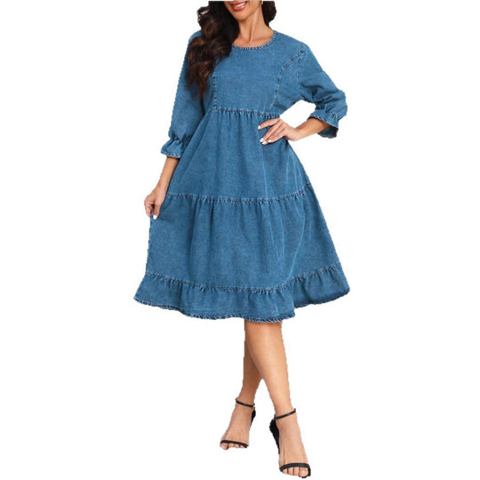 Damen Stufenvolant-Denim-Midikleid mit halblangen Ärmeln und geraffter Empire-Taille Shop Nory