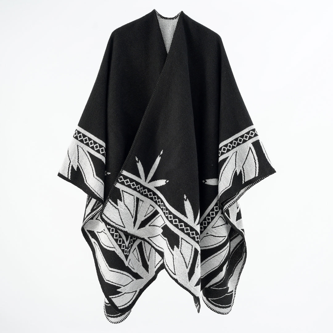 Damen Grobgewebter Umhangponcho aus Wollmix mit V-Ausschnitt und Ornamentjacquard Shop Nory
