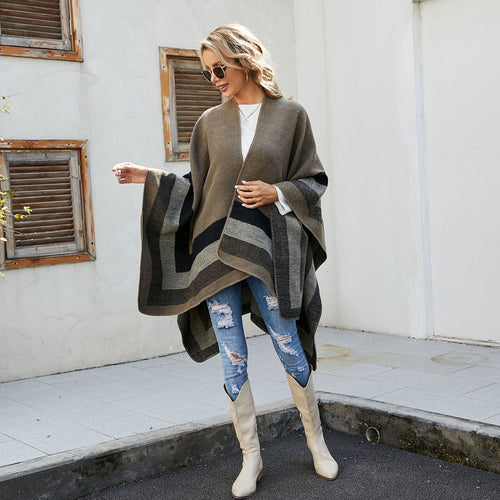 Damen Offener Strick‑Cape‑Poncho mit kontrastierenden Blockstreifen und Zierstich Shop Nory