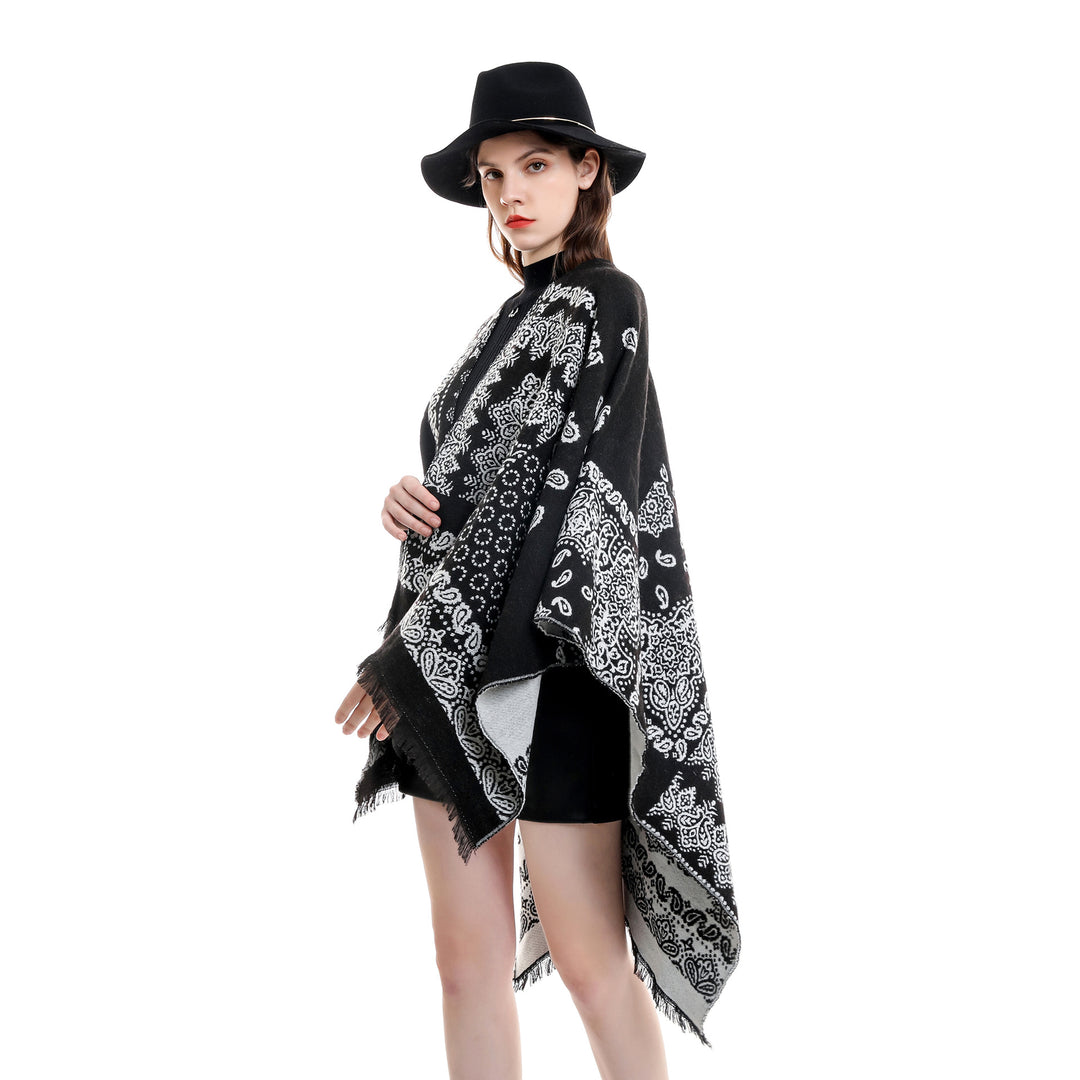 Damen Jacquard-Umhangponcho mit Paisley-Muster und Fransen Shop Nory