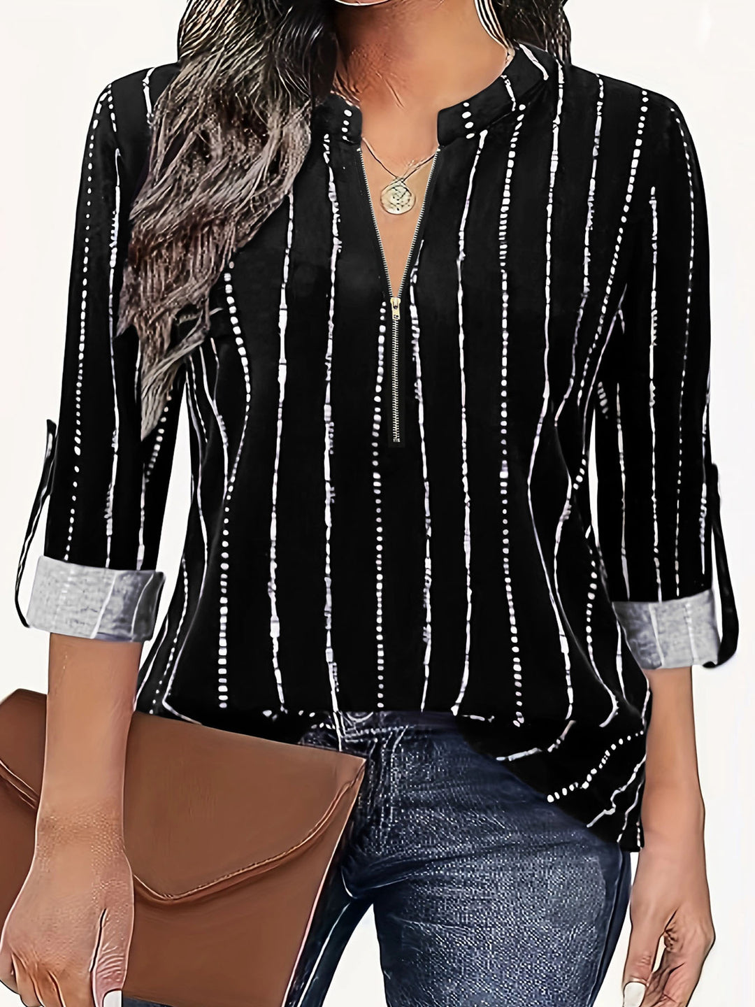 Damen Leichte Viskose-Bluse mit Stehkragen, Reißverschluss und vertikalem Punktstreifen Shop Nory