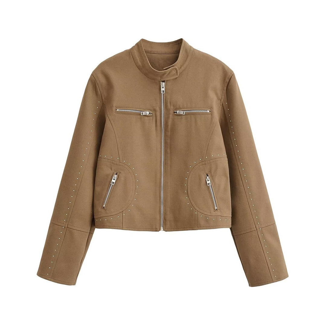 Damen Kurze Velours-Optik Jacke mit Stehkragen, Ziernähten, Nietenapplikation und Reißverschlusstaschen Shop Nory
