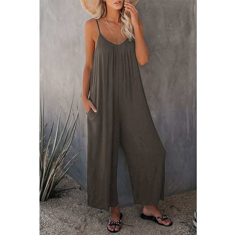 Damen Lässiger Sommer-Jumpsuit mit tiefem Ausschnitt und praktischen Taschen