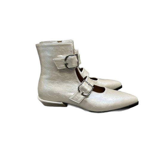 Damen Spitz zulaufende Ankle-Boots mit Doppelriemen, Schnallen und niedrigem Blockabsatz Shop Nory