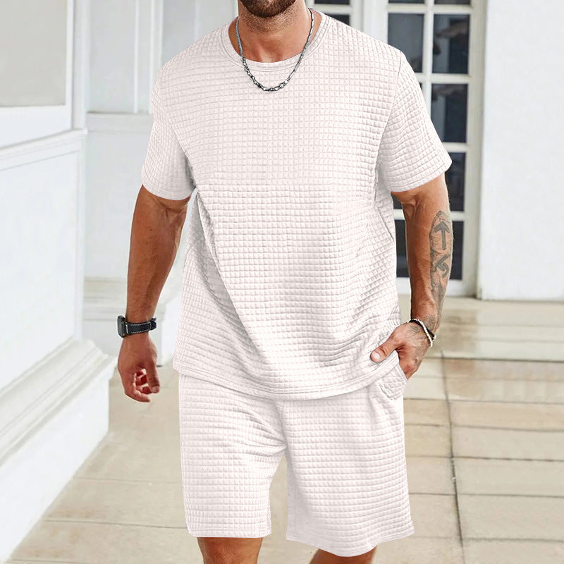 Herren nan Waffelstruktur Wohn- und Freizeit-Set mit weit geschnittenem Kurzarmshirt und kurzer Hose mit elastischem Bund