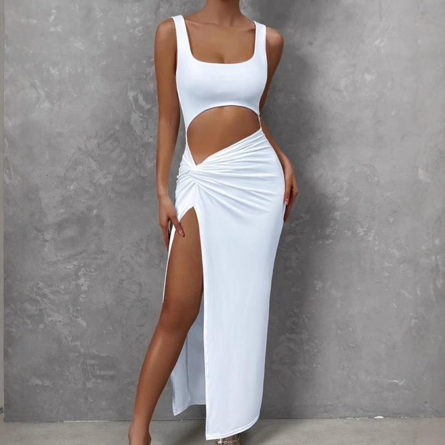Damen Figurbetontes Cut-Out Maxikleid mit hohem Schlitz und Rüschendetail