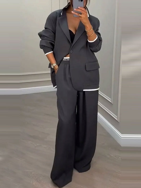 Damen Oversize-Blazer mit Kontrastbesatz und High‑Waist Palazzo‑Hose Zweiteiler Shop Nory