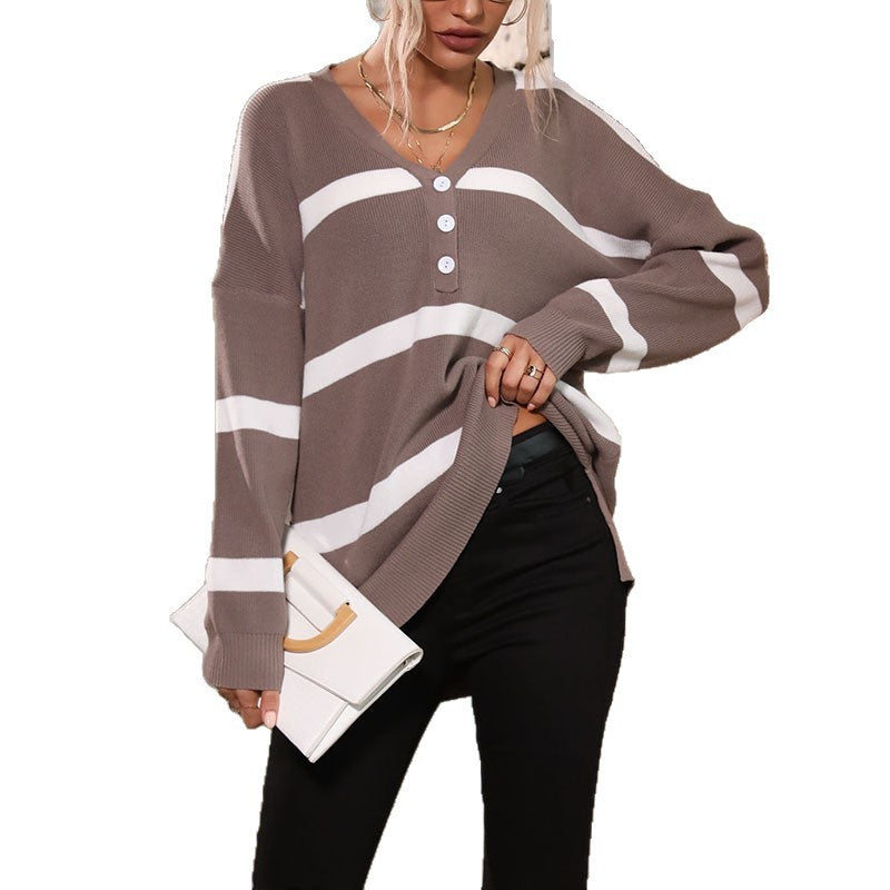 Damen Lässiger Strickpullover mit V-Ausschnitt und Knopfleiste Shop Nory
