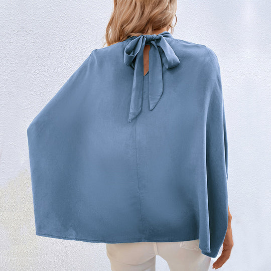 Damen Elegante Satin-Bluse mit Stehkrragen, Fledermausärmeln und Ärmelschlitzen Shop Nory
