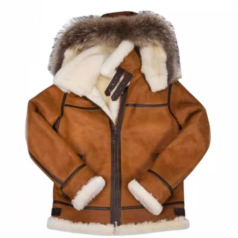 Damen Wildlederoptik Fliegerjacke mit Kunstfellkapuze und Schnallen Shop Nory